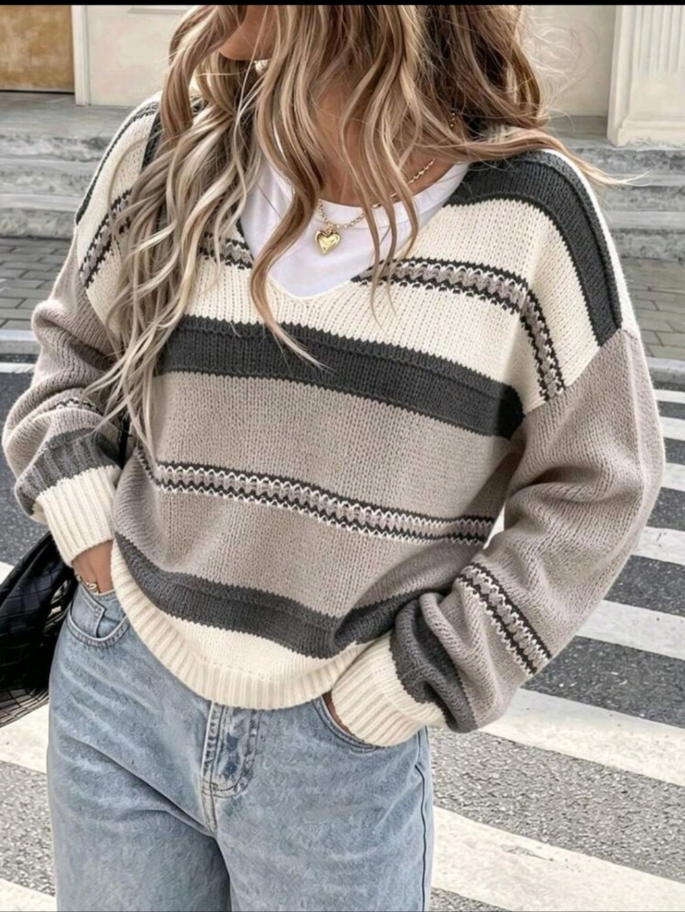 BRAND NEW ** Striped V-Neck Sweater in Gray & Cream